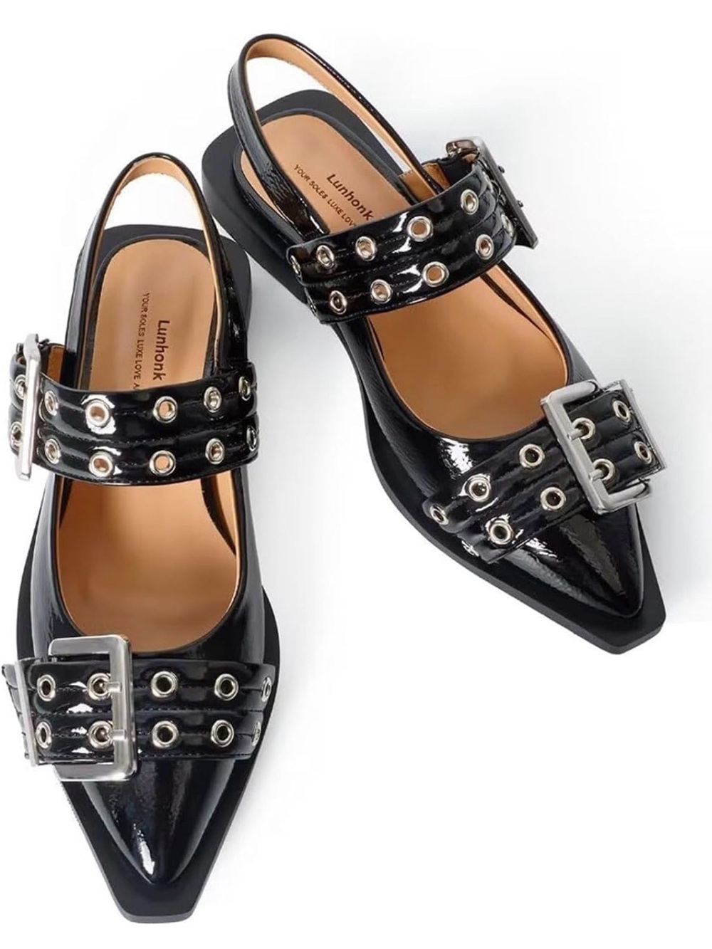 Black Patent Slingback Flats with Buckle Detail